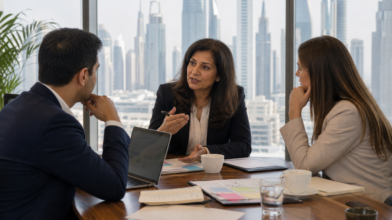Consulting founder leading a client workshop in Dubai