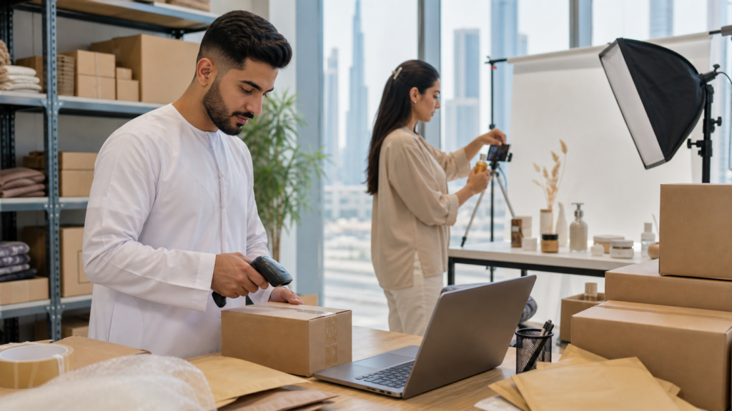 E-commerce founder preparing online orders in a Dubai fulfillment studio