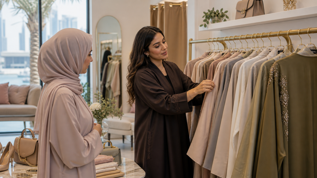 Fashion boutique founder adjusting garments in a Dubai retail store