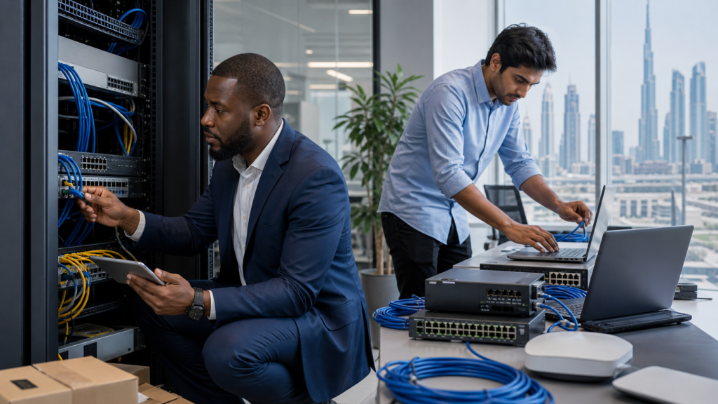 IT company founder and technician configuring office network equipment in Dubai