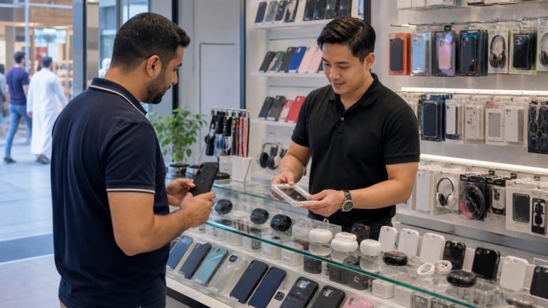 Mobile accessories shop owner arranging display products in Dubai