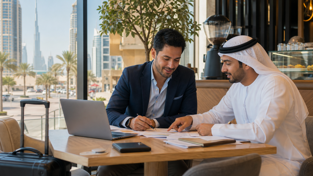 Foreign founder reviewing Dubai business setup documents with a local advisor