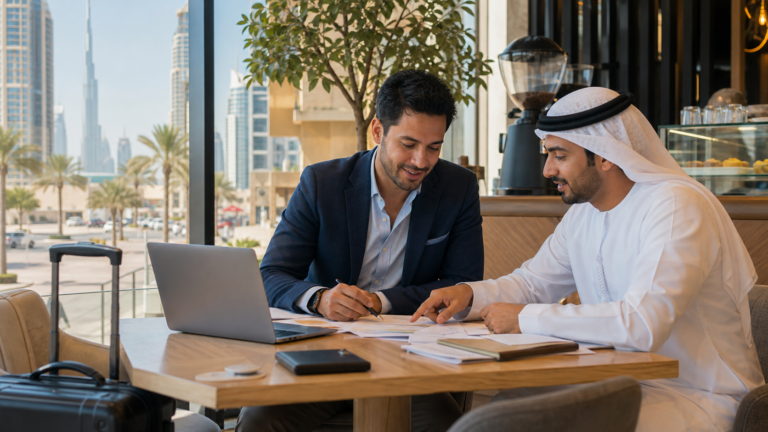 Foreign founder reviewing Dubai business setup documents with a local advisor