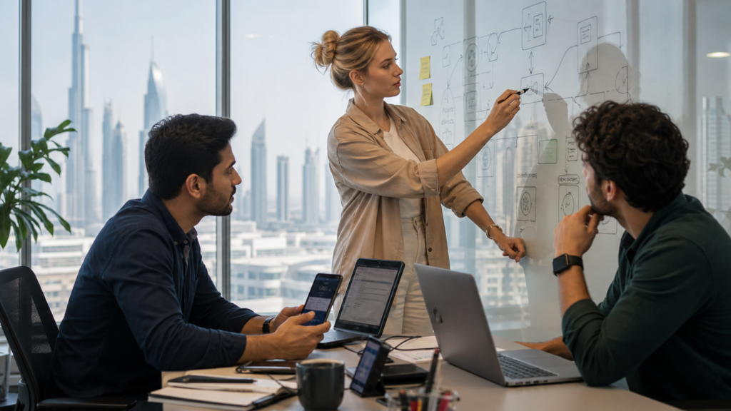 Software startup team testing a product in a Dubai office