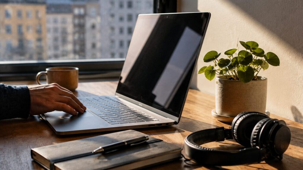 An open laptop on a wooden desk by a window, a hand resting on the trackpad, with a coffee mug, notebook and headphones alongside