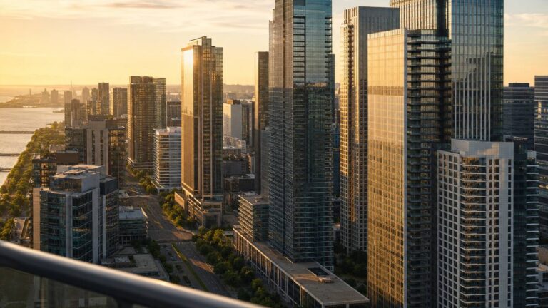 A skyline of glass towers at sunset seen from a high balcony, the waterfront beyond