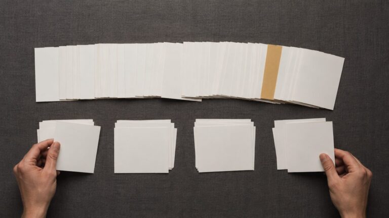 Two hands sorting a long fanned-out row of blank cards into four separate stacks on a grey surface