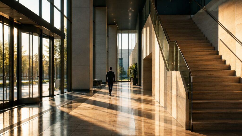 A person in a suit crossing the sunlit lobby of an office building, a stone staircase to one side