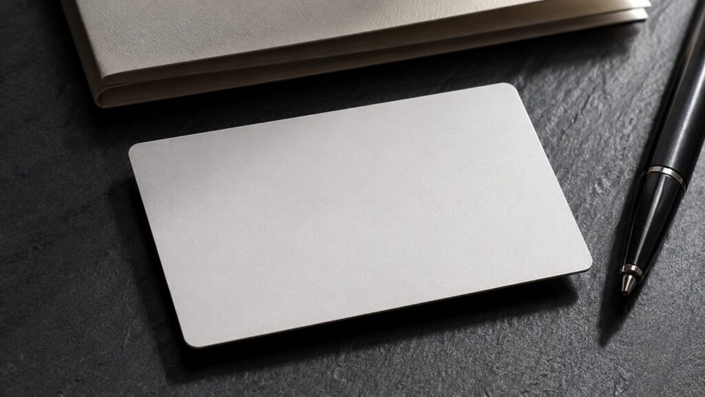 A blank silver card lying on a dark slate surface beside a pen and a closed folder