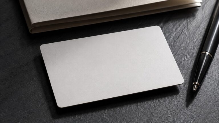 A blank silver card lying on a dark slate surface beside a pen and a closed folder