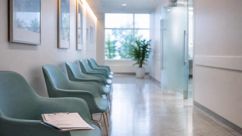 A quiet clinic corridor lined with upholstered chairs, a clipboard of forms left on the nearest seat