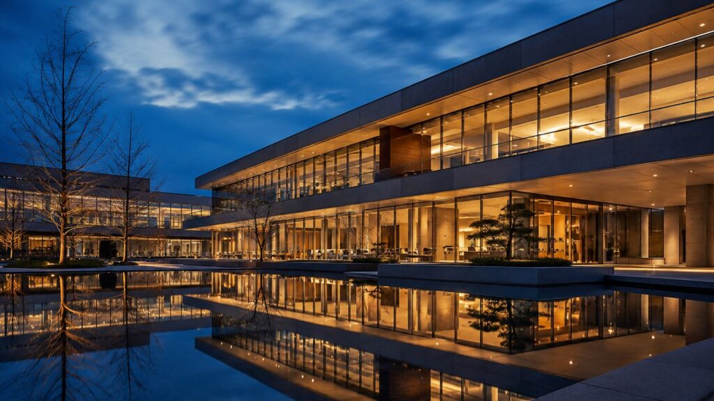 A modern glass office complex lit from within at dusk, mirrored in a still reflecting pool