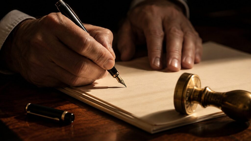 A close-up of hands signing a document with a fountain pen, a brass seal resting on the page beside them
