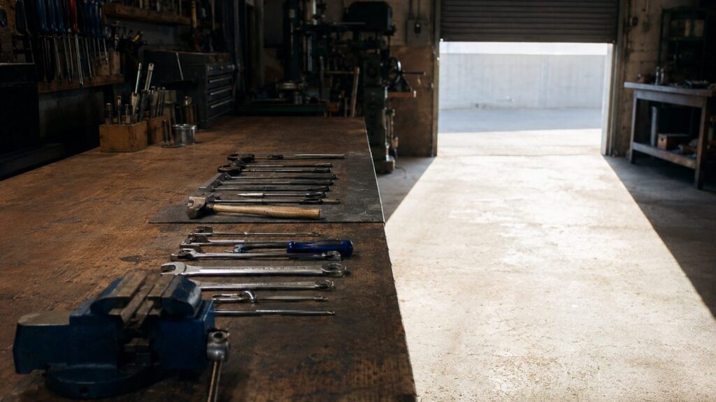 A workshop bench with hand tools laid out in rows and a vice at one end, daylight through the open roller door