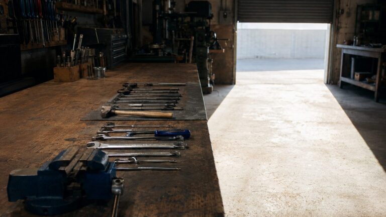 A workshop bench with hand tools laid out in rows and a vice at one end, daylight through the open roller door