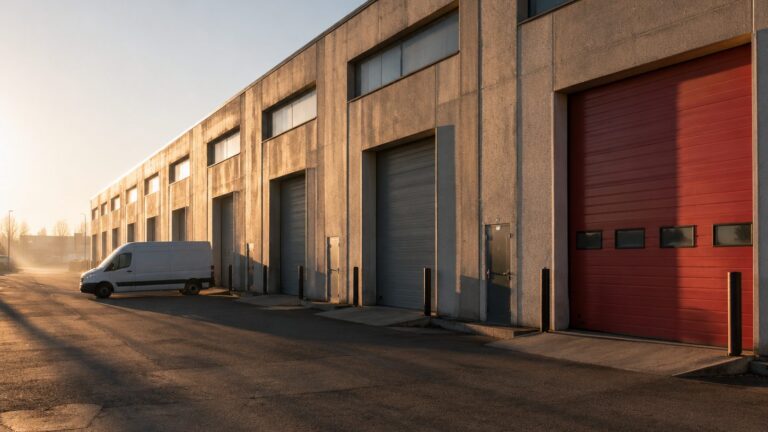 A row of concrete industrial units with loading doors, a white van parked at the far end in low sun