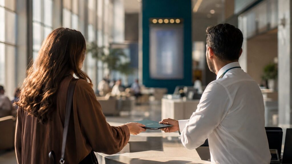 A woman hands a document folder across a service counter to a member of staff in a bright modern hall