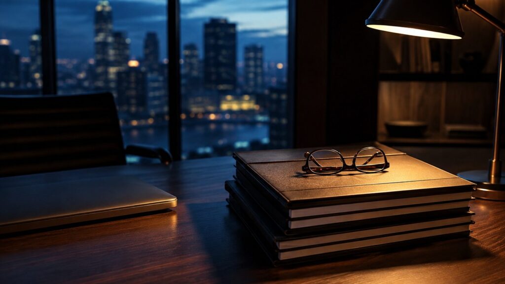 A stack of hardbound ledgers with reading glasses resting on top, lit by a desk lamp, city lights in the window behind
