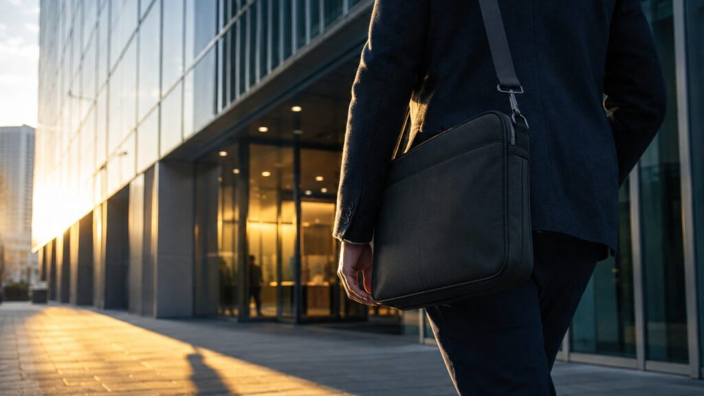 A person in a dark coat carries a laptop bag toward the lit entrance of a glass office building at sunset