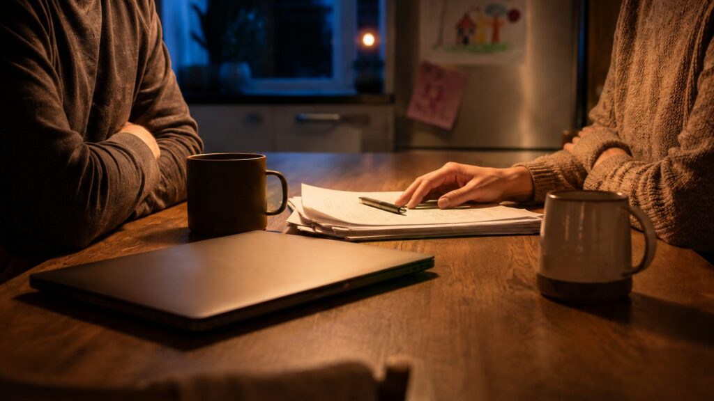 Two people at a kitchen table in the evening going through a stack of paperwork, a child's drawing on the fridge behind