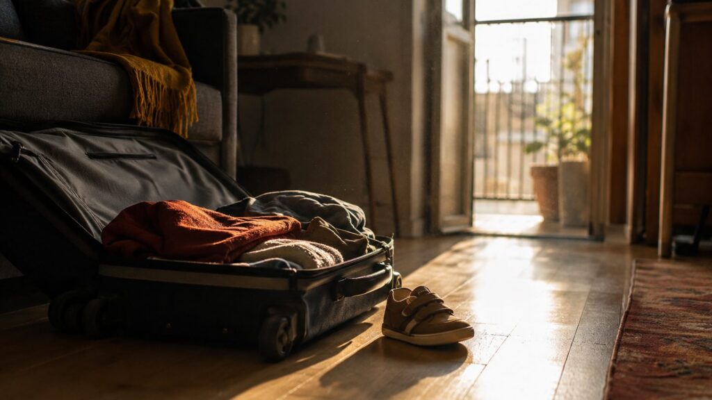 An open suitcase of folded clothes on an apartment floor with a child's small shoes beside it, sunlight from the balcony door