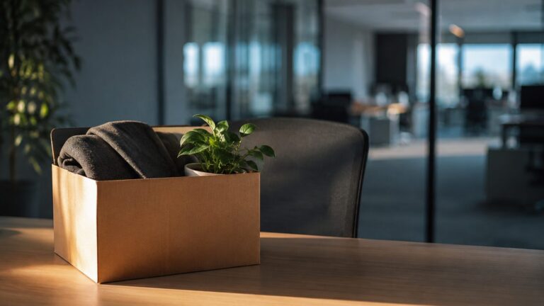 A cardboard box holding a folded jacket and a potted plant on a desk beside an empty office chair