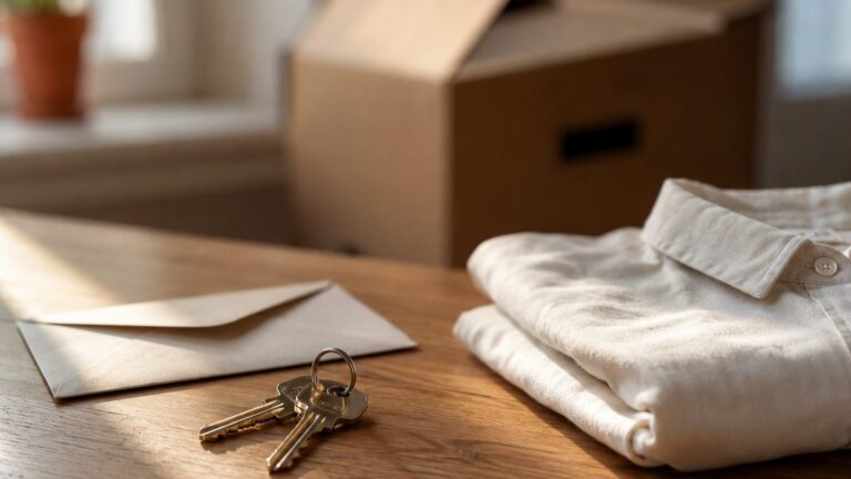 An envelope, a set of keys and a folded shirt on a table, a packed cardboard box behind