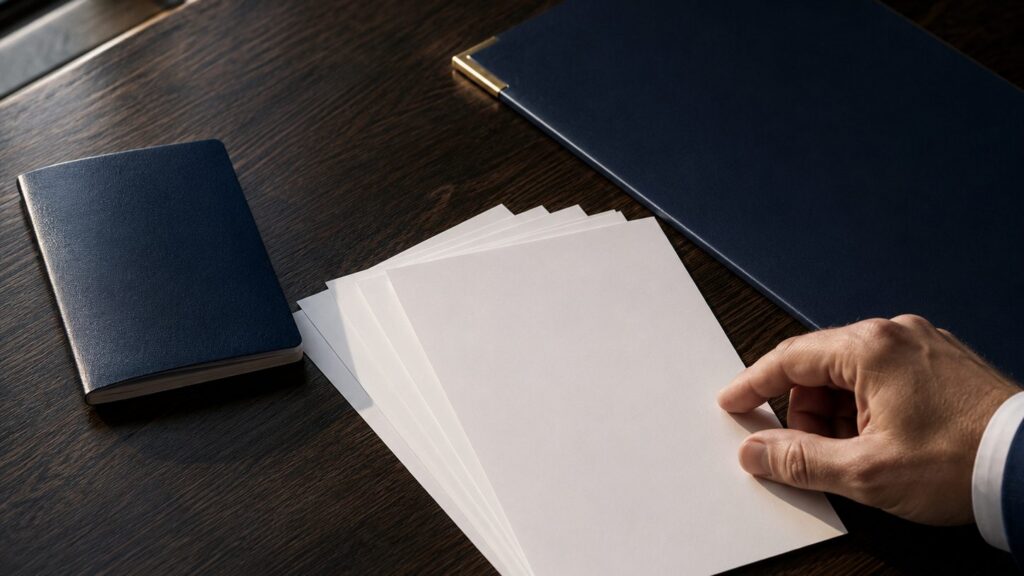 A hand resting on a fan of blank sheets on a dark wooden desk, a navy document booklet and folder alongside