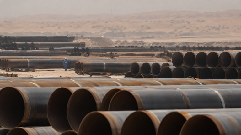 Rows of stacked steel pipes in a desert pipe yard with a distant worker