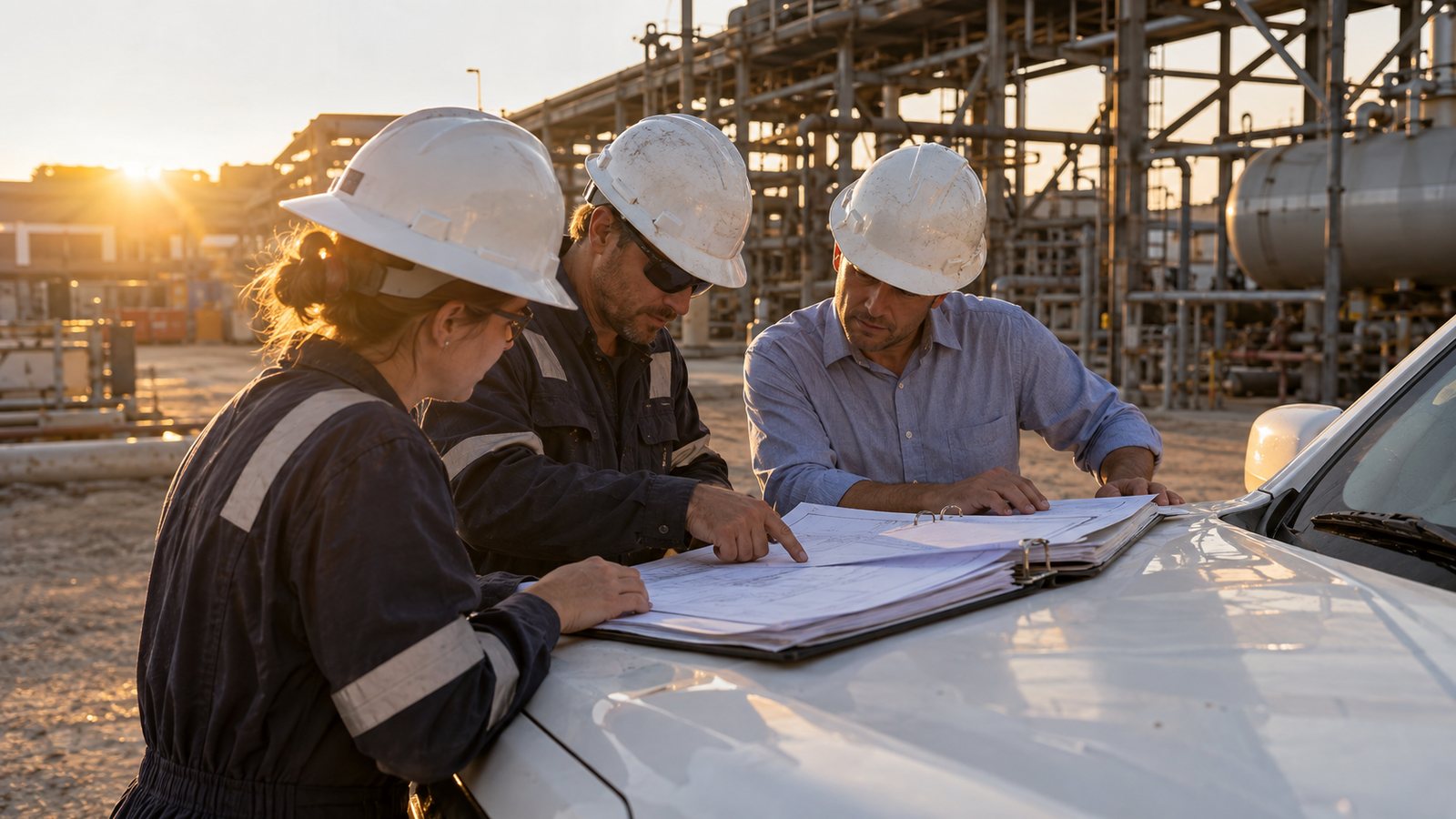 Engineers and a manager reviewing safety documents on a pickup at an industrial site