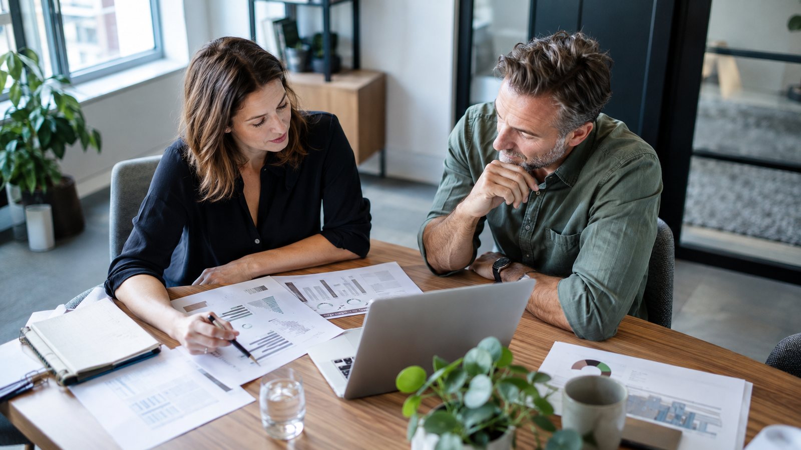 Two partners of a small firm comparing platform options on paper and a laptop