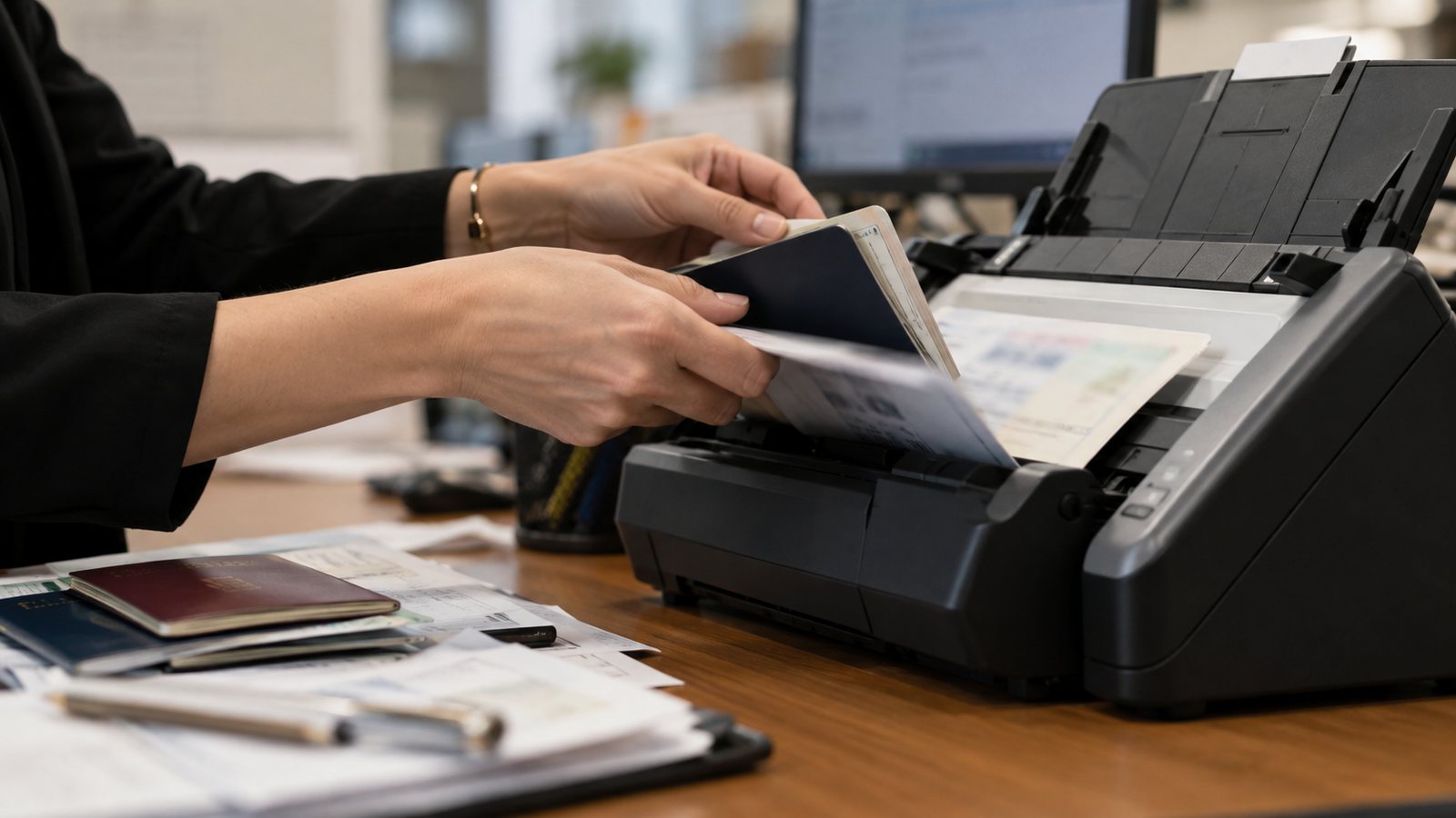 Passports and company documents being scanned for client due diligence