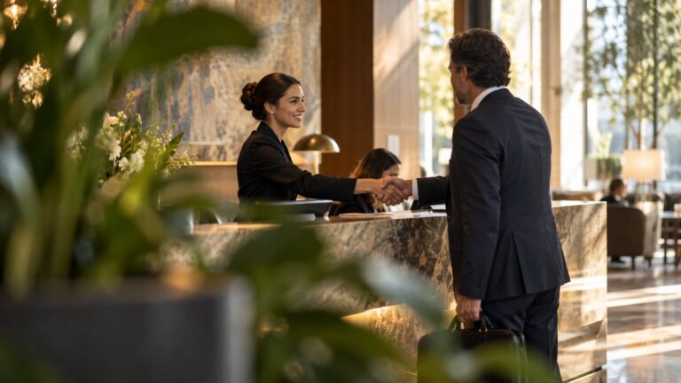 Handshake across a reception desk in a business centre lobby