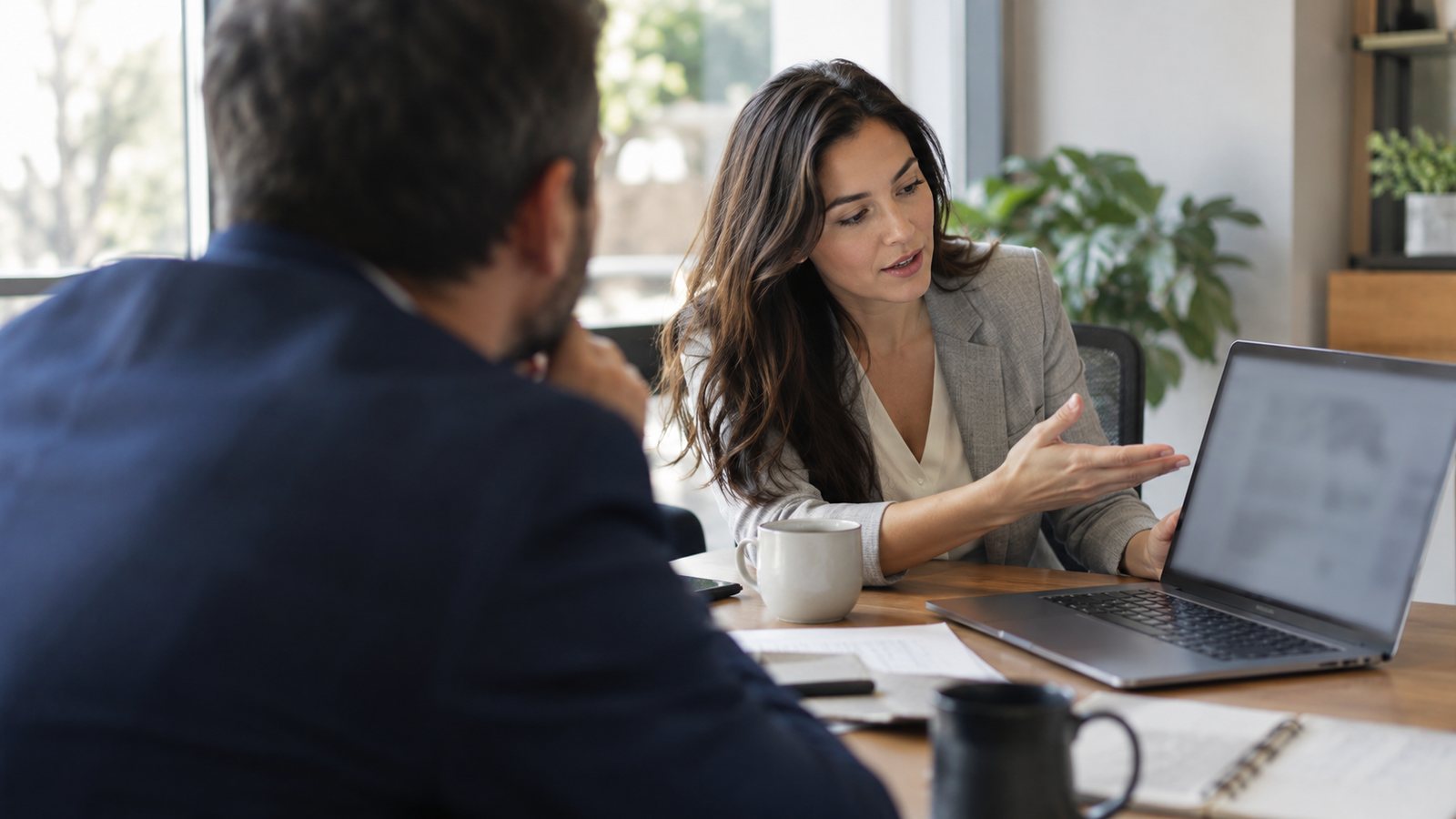 Consultant walking a client through a free zone application on a laptop