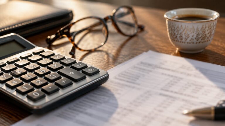 Calculator, reading glasses and a cup of Arabic coffee on a printed tax return
