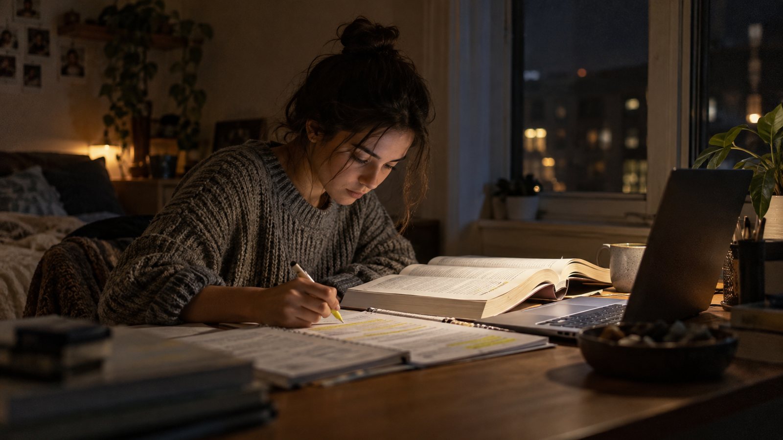 Candidate studying for a tax qualification late at night with notes and a laptop