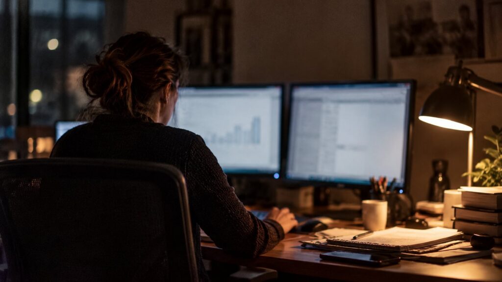 Accountant working late at two monitors under a desk lamp in a small office