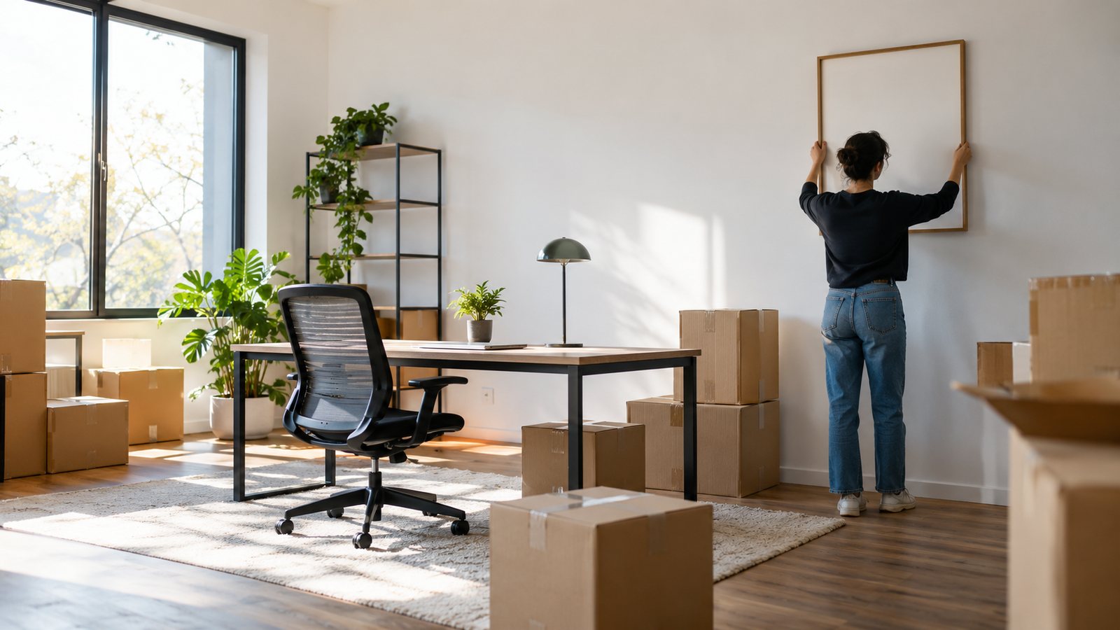 A new small office being set up, with boxes and a fresh desk