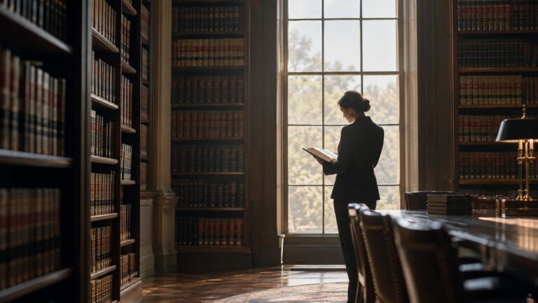 Lawyer reading by a window in a law library lined with legal volumes