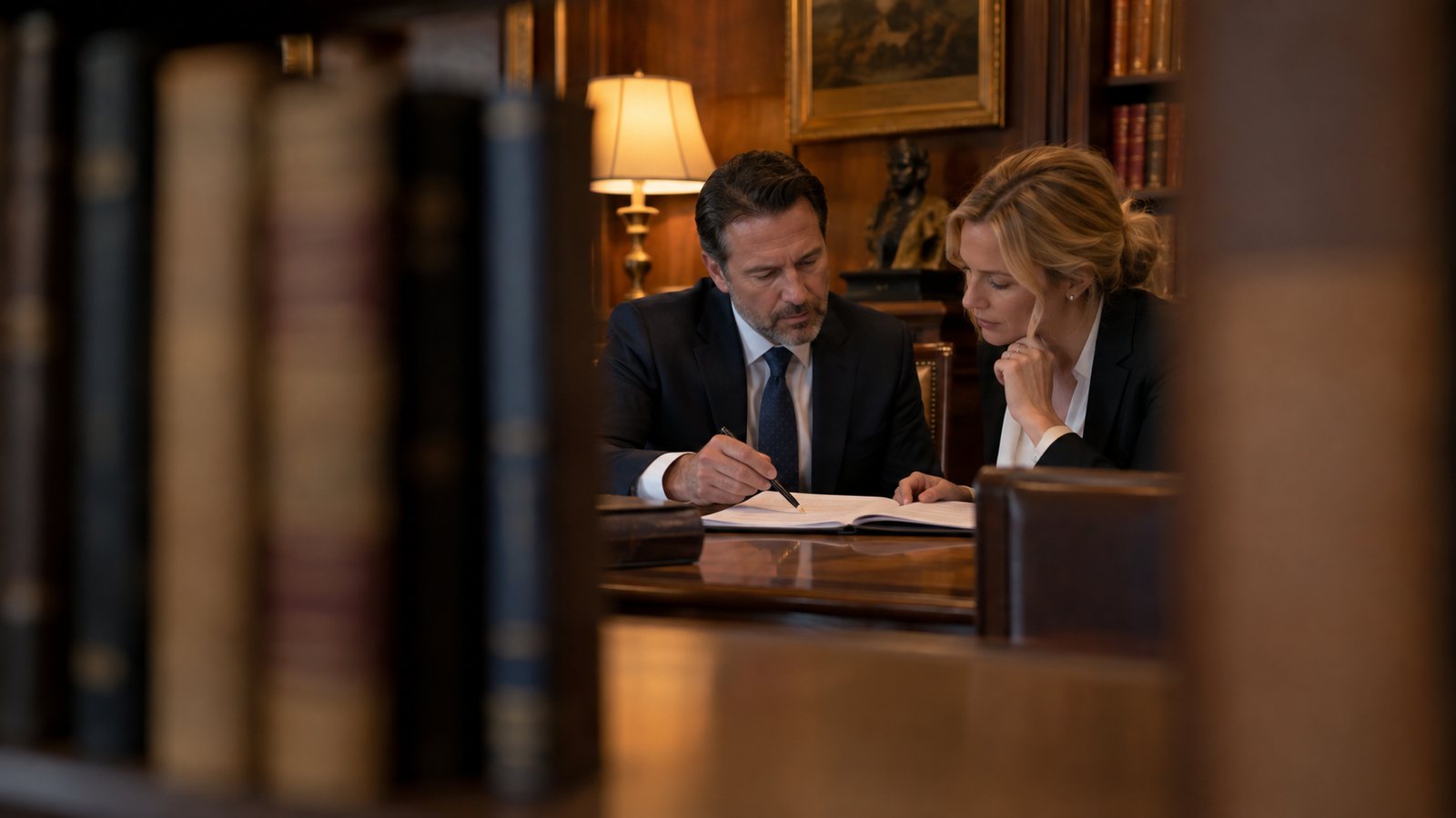 Two lawyers reviewing a contract at a wooden table