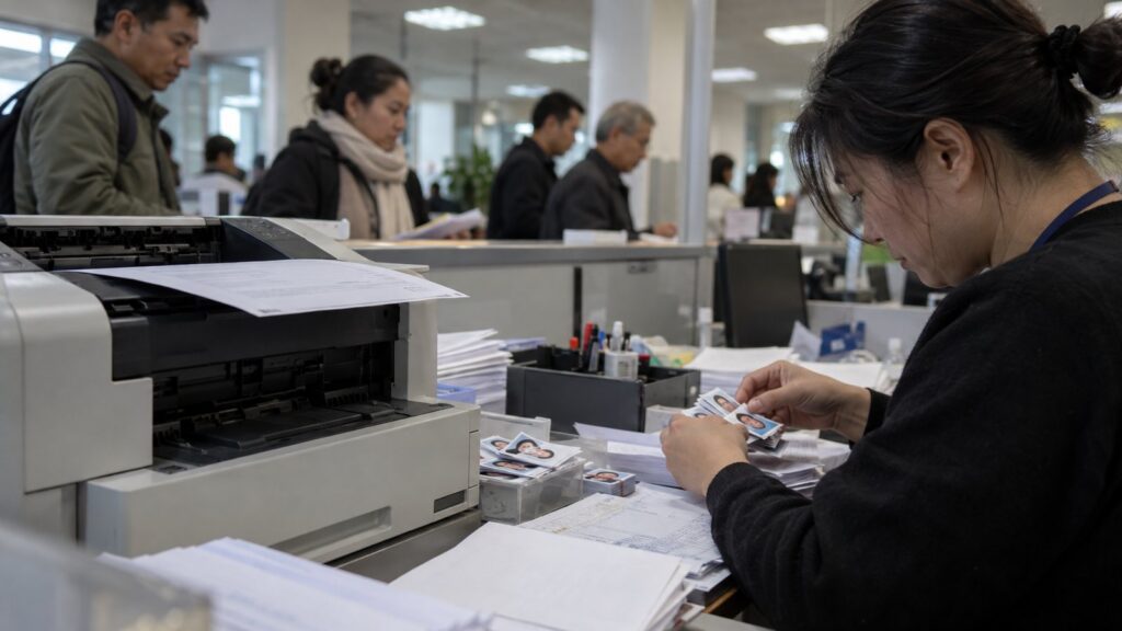 Clerk sorting passport photos and forms at a busy service counter as a printer outputs a page