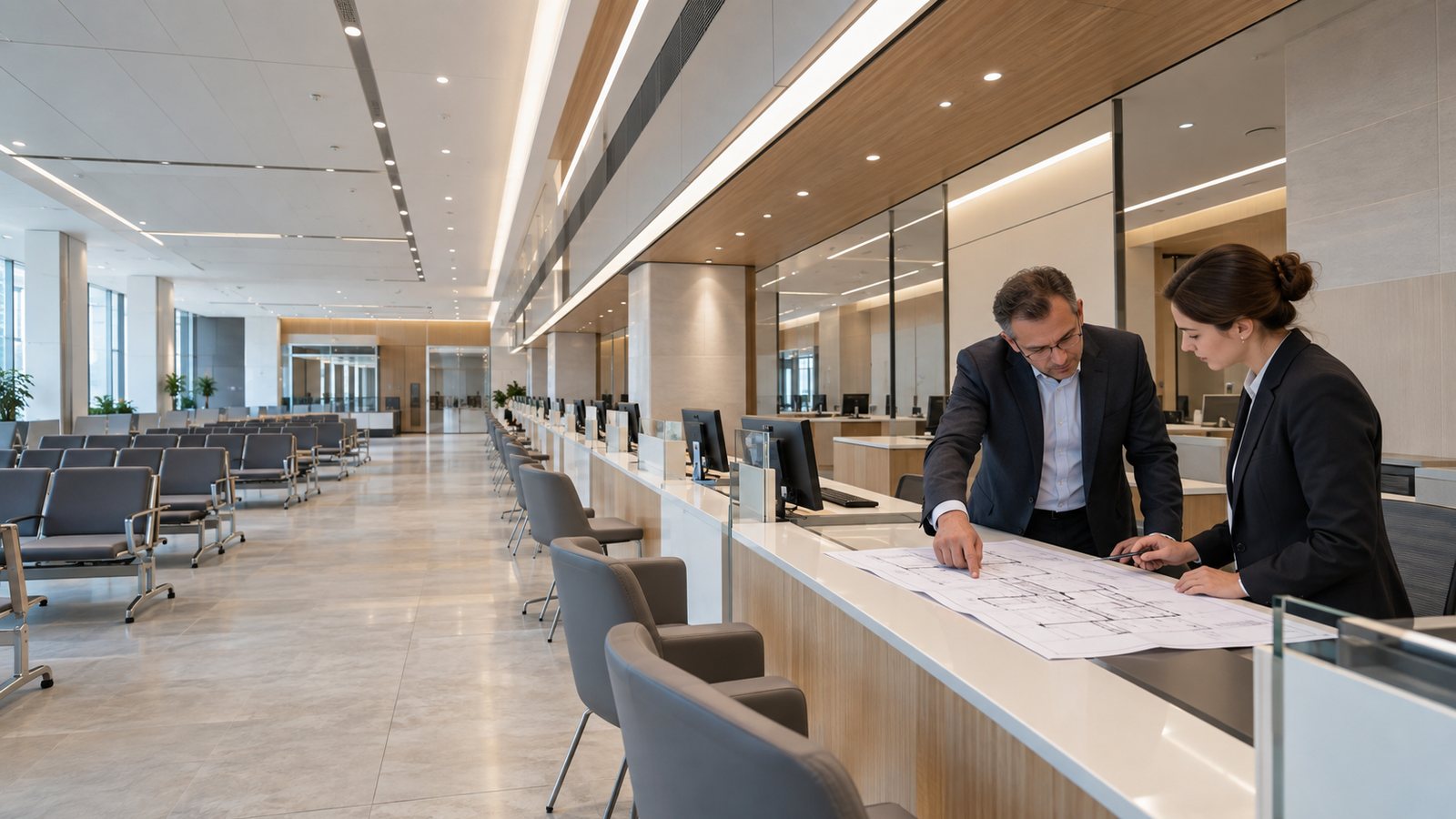 Manager and staff reviewing a floor plan in a new service hall before opening