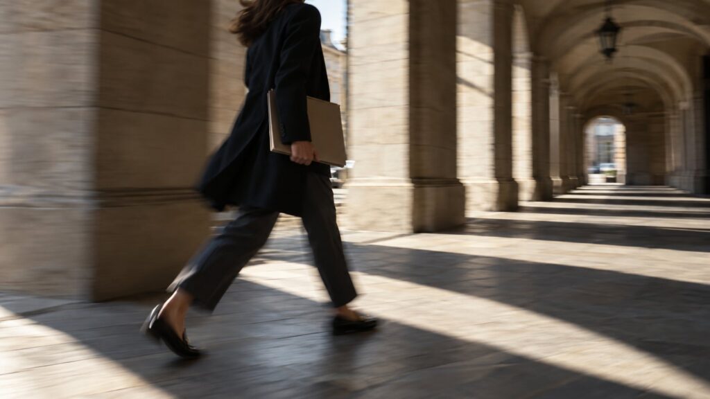 Person carrying a document folder walking fast through a shaded arcade