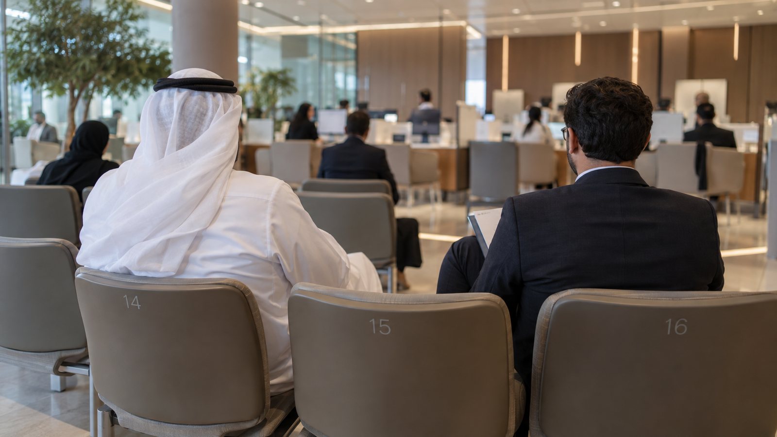Clients waiting with document folders in a government service centre