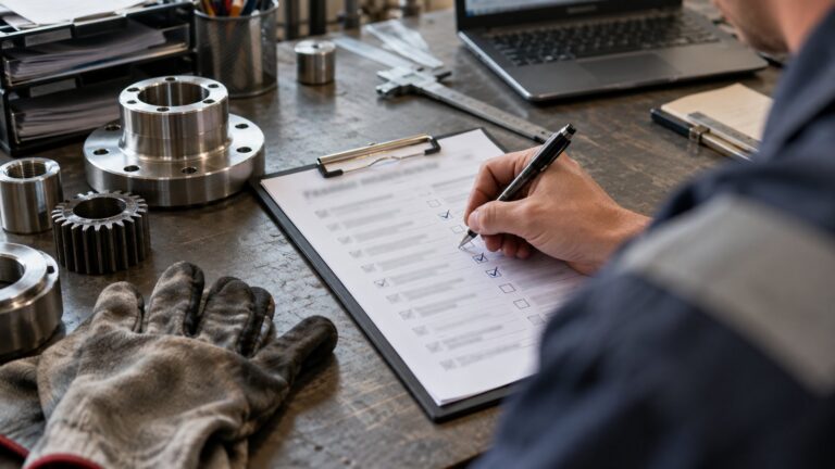 Hand ticking a supplier compliance checklist on a factory office desk beside machine parts and work gloves