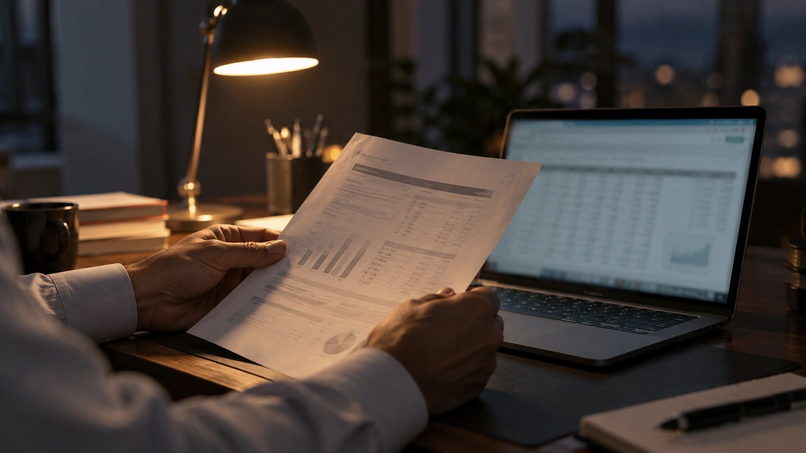Finance manager holding printed financial statements next to a laptop spreadsheet