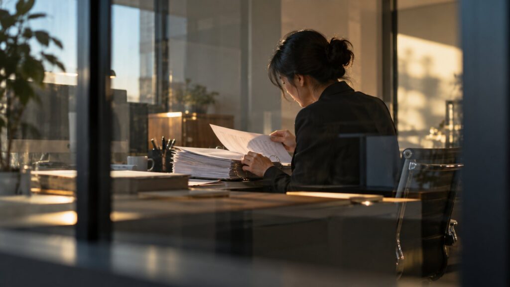 Auditor reading through a thick binder of financial statements behind a glass office partition
