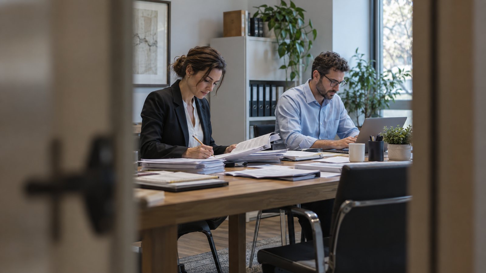 Two auditors checking invoices against figures on a laptop