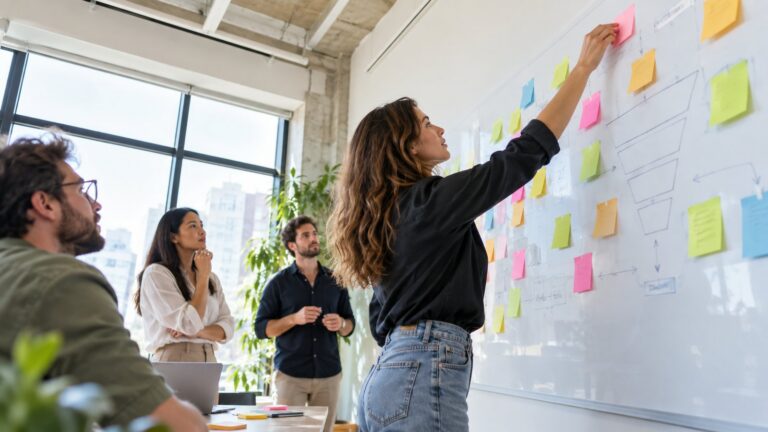Marketer adding a sticky note to a hand-drawn sales funnel on a whiteboard
