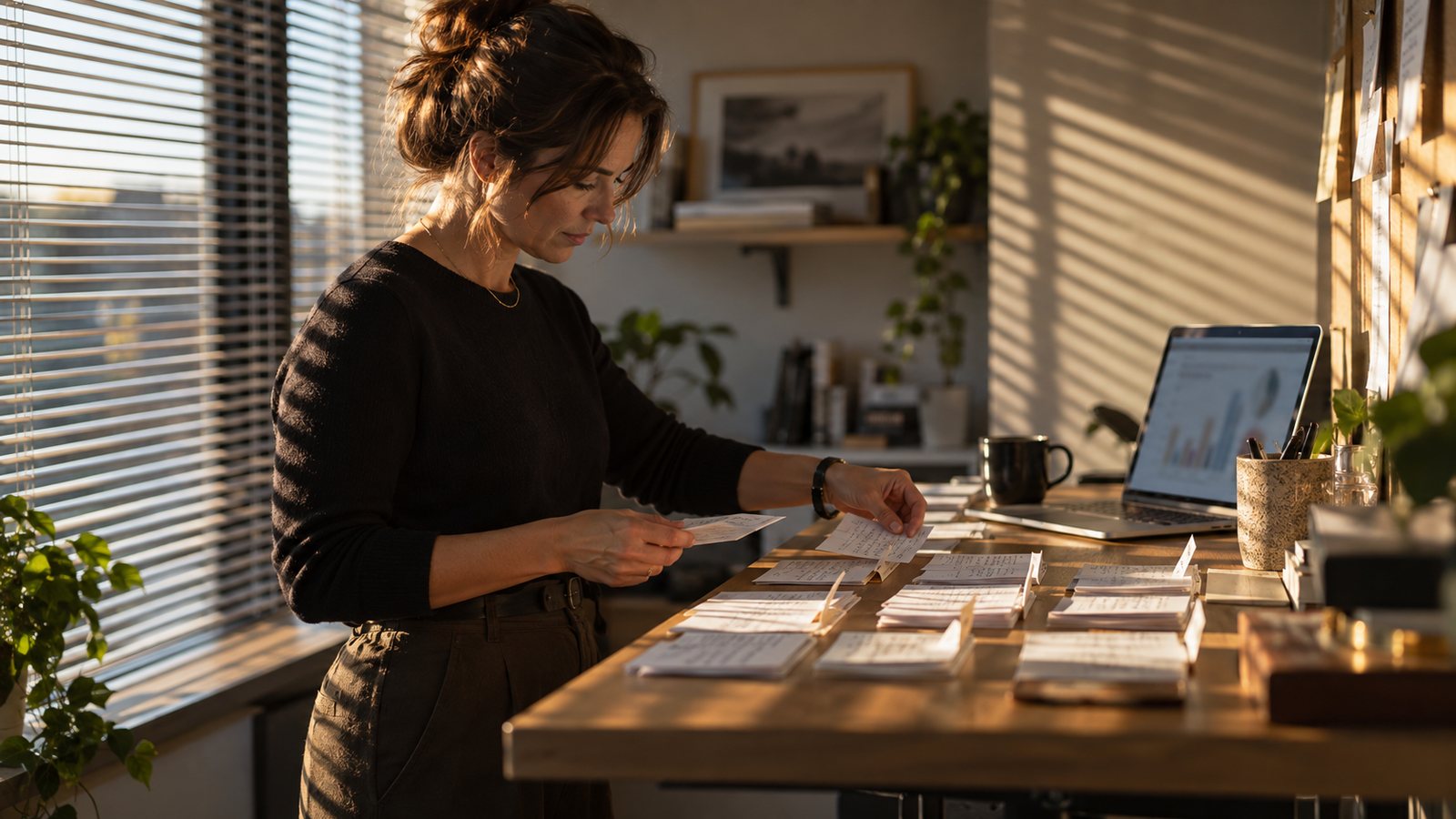 Consultancy owner sorting enquiry cards by source at a standing desk